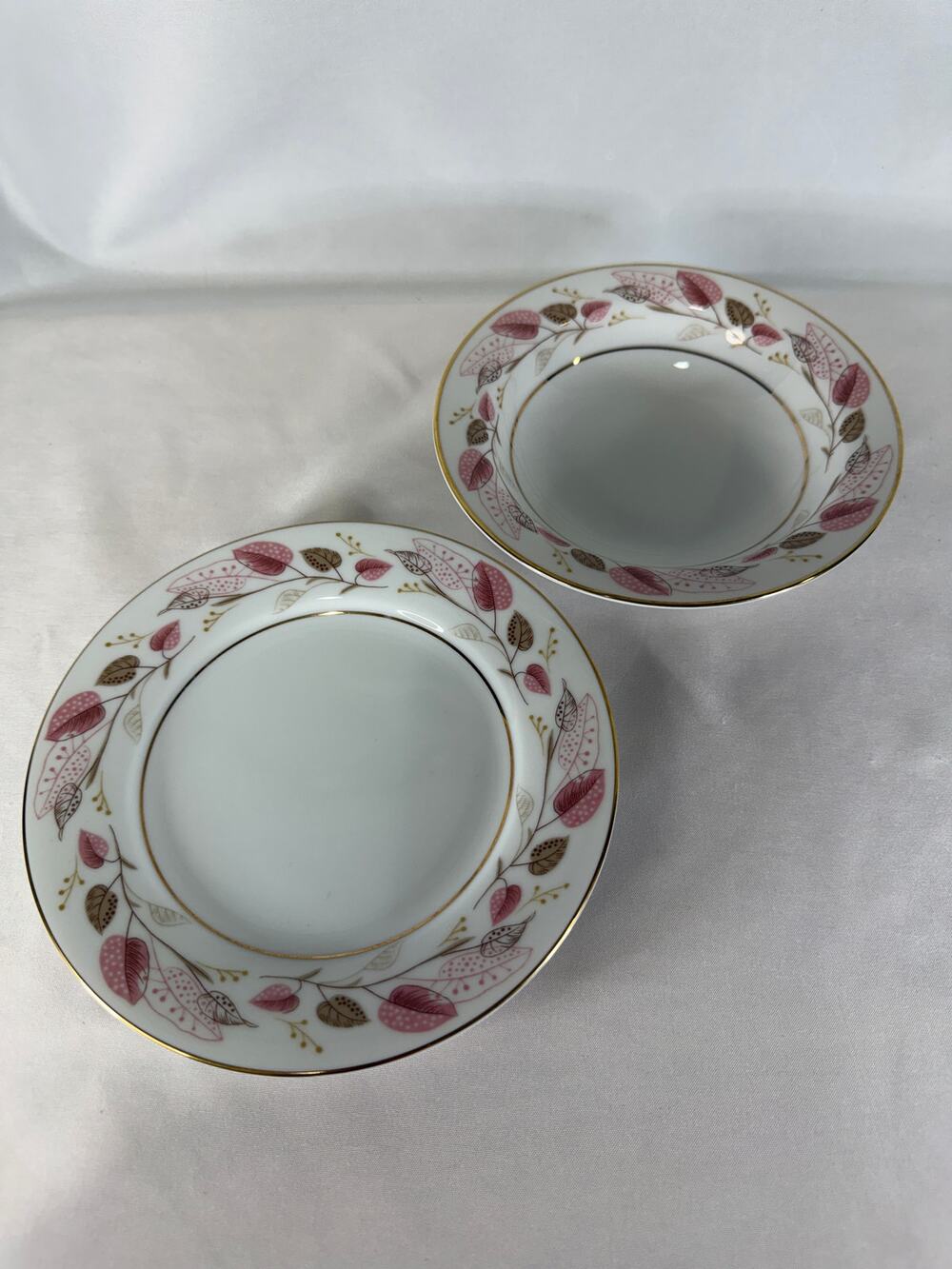 Noritake Rosanne 5101 Japan Fruit Dessert Bowl & Saucer Pink Leaves Gold Trim